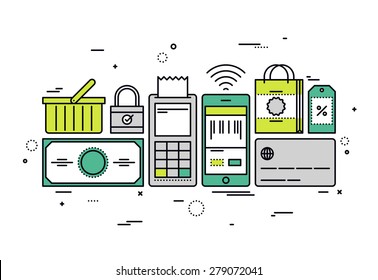 Thin line flat design of online shopping checkout, buying store goods by pos terminal, sell mass-market product via internet merchant. Modern vector illustration concept, isolated on white background.