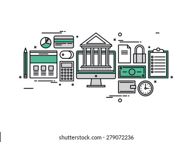 Thin line flat design of online banking services, financial planning document, market research analysis, money investing elements. Modern vector illustration concept, isolated on white background.