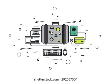 Thin line flat design of online booking tickets for travel, tourist suitcase with items, business travel planning, paying for vacation. Modern vector illustration concept, isolated on white background