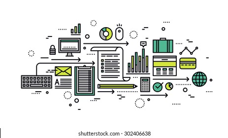 Thin line flat design of online business analytics, marketing strategy analysis, search optimization statistics, information research. Modern vector illustration concept, isolated on white background.