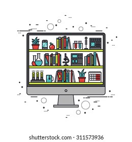 Thin line flat design of online education on student computer, global study anywhere using internet courses, webinar classroom studying. Modern vector illustration concept isolated on white background