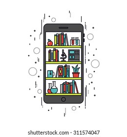 Thin line flat design of online library on smartphone, mobile education apps on cellphone screen, books on shelf for internet course. Modern vector illustration concept, isolated on white background.