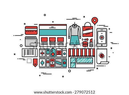 Thin line flat design of online shopping goods, purchasing product via internet, mass market consumerism, e-commerce website service. Modern vector illustration concept, isolated on white background.