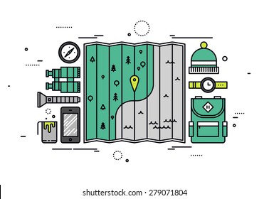 Thin line flat design of outdoor tourism planning, preparing necessary items for hiking trip, travel route on a map between locations. Modern vector illustration concept, isolated on white background.