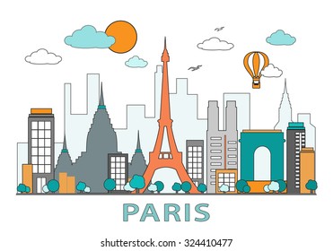 Thin line flat design of Paris city. Modern skyline with landmarks. Colorful vector illustration, isolated on white background. Simple style.