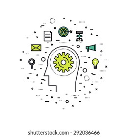 Thin line flat design of personal brain training workflow, self development progress, business work process, human strategy solution. Modern vector illustration concept, isolated on white background.