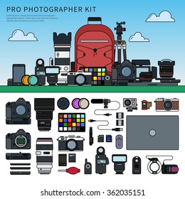 Thin line flat design of photographer kit against blue sky. Set of photography tools on the shelf, equipment, rucksack, tripod, laptop, lens isolated on white background