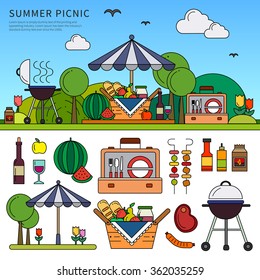 Thin line flat design of the picnic un the forest. Picnic equipment and products on the green lawn, barbacoa, products, diches, food isolated on white background