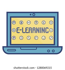 Thin line flat design of power of knowledge, e-learning process, computer technology for study. Modern vector illustration concept. Laptop with icons 