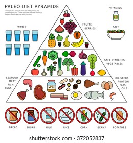 Thin line flat design of the pyramid of paleo diet. Healthy eating consept, icons of products in three levels, fats, oils, seafood, meat, water, vegetables and fruits