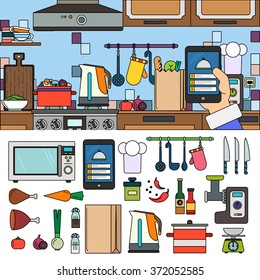 Thin line flat design of recipes app. Cooking at home using online recipes application. Products and dishes on the table in the kitchen. Food, utensils, tablet isolated on white background
