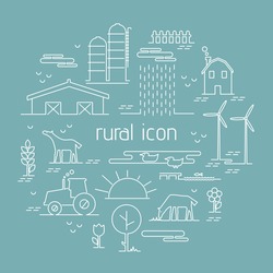 Thin Line Flat Design Rural Landscape Icon. Set Elements With House And Wind Mill,tractor, Sun And Farm Animals. Vector Illustration Icons Style Thin Lines With Possibility Adjusting Thickness Of Line