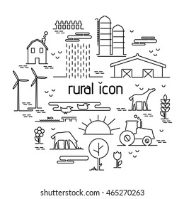 Thin line flat design rural landscape icon. Set elements with house and wind mill,tractor, sun and farm animals. Vector illustration icons style thin lines with possibility adjusting thickness of line