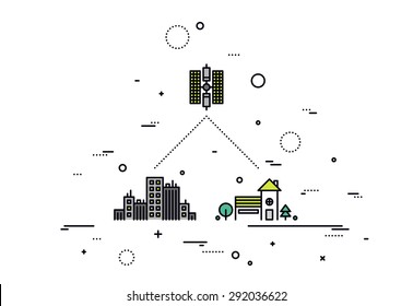 Thin line flat design of satellite global network provider, geostationary communication and transmitting signal with high data speed. Modern vector illustration concept, isolated on white background.