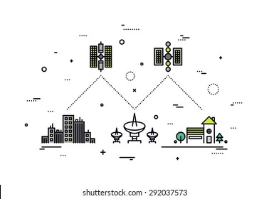 Thin Line Flat Design Of Satellite Communication System, Global Network Service Provider, Transmitting High Speed Internet And TV Data. Modern Vector Illustration Concept, Isolated On White Background