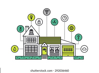 Thin line flat design of smart house technology system with centralized control of lighting, heating, ventilation and conditioning. Modern vector illustration concept, isolated on white background.