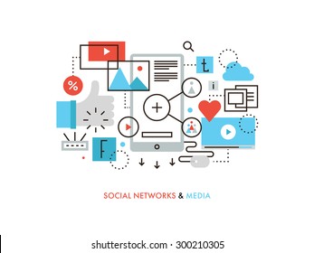 Thin line flat design of social network communication, internet media services, web community for blogging, chatting and sharing news.  Modern vector illustration concept, isolated on white background