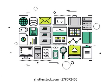 Thin line flat design of SQL database management operations, cloud computing programming service, company big data document accounting. Modern vector illustration concept, isolated on white background