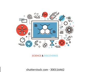 Thin line flat design of STEM academic disciplines, science education and knowledge about life evolution, chemistry research discovery. Modern vector illustration concept, isolated on white background