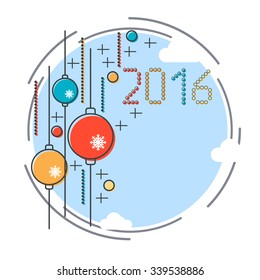 Thin line and flat design style Christmas and New Year 2016 vector illustration. Greeting or invitation card template.