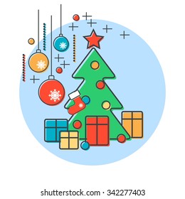 Thin line and flat design style Christmas and New Year vector illustration. Greeting or invitation card, banner design template