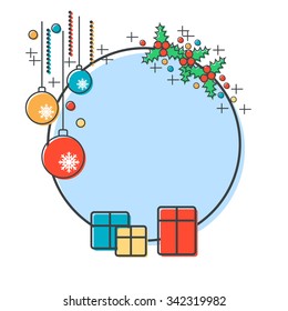 Thin line and flat design style Christmas and New Year vector illustration with empty round frame. Greeting or invitation card, banner template