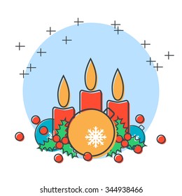 Thin line and flat design style Christmas and New Year vector illustration with three candles. Greeting or invitation card, banner template
