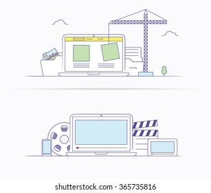 Thin line flat design design style concepts for video marketing, web page building process, site form layout and menu buttons interface develop. odern vector illustration concept.