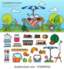 Thin line flat design of summer picnic in garden. Resting in a sunny day. Weekend concept. Icon set of picnic items. Umbrella, chairs, basket with food, fruits, cakes isolated on white background