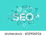 Thin line flat design template of search engine optimization. Modern vector illustration concept of word SEO for website and mobile applications banners, easy to edit, customize and resize.