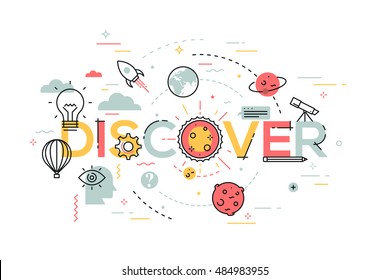 Thin line flat design template for web page, new solutions, technology, knowledge and science. Modern vector illustration concept of word discover for website and mobile website banners.