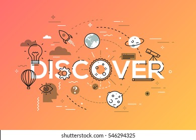 Thin line flat design template for web page, new solutions, technology, knowledge and science. Modern vector illustration concept of word discover for website and mobile applications banners.