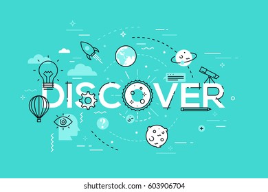 Thin line flat design template for web page, new solutions, technology, knowledge and science. Modern vector illustration concept of word discover for website and mobile applications banners.