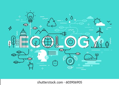 Thin line flat design template for ecology and environment web page. Modern vector illustration concept of word ecology for website and mobile application banners.