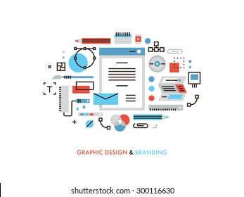 Thin line flat design of useful designer graphic tools, corporate colors for brandbook, designing new visuals for prints and packages. Modern vector illustration concept, isolated on white background.