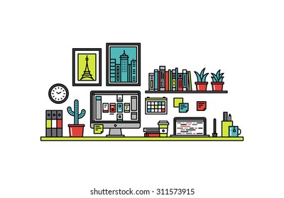 Thin line flat design of user interface designer desk, UI and UX developer workplace with desktop computer and laptop in room interior. Modern vector illustration concept, isolated on white background