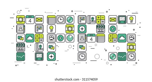 Thin line flat design of various application market diversity, app store word cloud, useful mobile apps for smartphone for everyone. Modern vector illustration concept, isolated on white background.