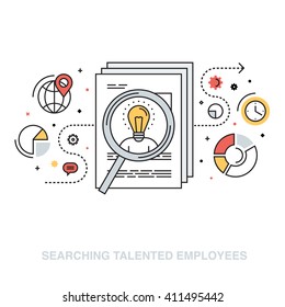 Thin line flat design vector illustration concept for searching talented efficient employees, human resource management, headhunting, selecting professional staff isolated on white background