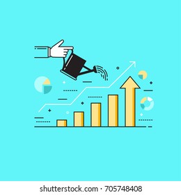 Thin line flat design vector illustration of a hand watering graphs, concept for growing business, investment, getting profit, analytics isolated on bright background