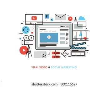 Thin line flat design of viral video production, digital marketing campaign, internet medium mass communication, social media sharing. Modern vector illustration concept, isolated on white background.