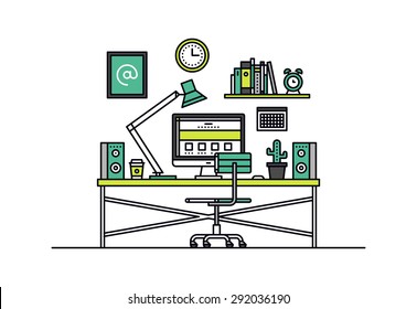 Thin line flat design of web designer workspace room interior, creative office desk with desktop computer, graphic artist work place. Modern vector illustration concept, isolated on white background.