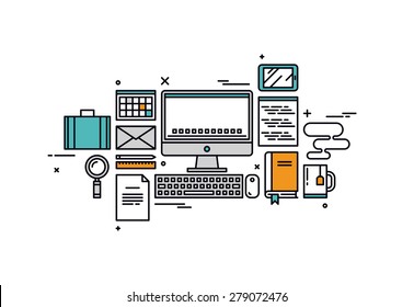 Thin line flat design of website programming process, web coder workplace tools and equipment, software developer desk items. Modern vector illustration concept, isolated on white background.