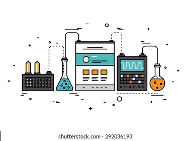 Diseño plano de línea delgada de la investigación de contenido de sitios web, tecnología inteligente para análisis SEO, análisis de información de páginas web, herramientas técnicas. Concepto moderno de ilustración vectorial, aislado en fondo blanco.