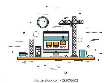 Thin line flat design of website under construction, web page building process, site form layout and menu buttons interface develop. Modern vector illustration concept, isolated on white background.
