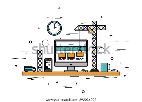 工事中のウェブサイト ウェブページの構築プロセス サイトフォームのレイアウト メニューボタンのインターフェイスの細線フラットデザイン が開発されます 白い背景に現代のベクターイラストコンセプト のベクター画像素材 ロイヤリティフリー