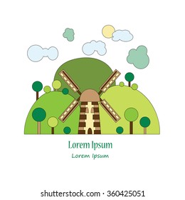 Thin line flat design of wind mill on the green hills, rural landscape with meadow field, trees and wind mill. Modern vector illustration concept, isolated on white background.