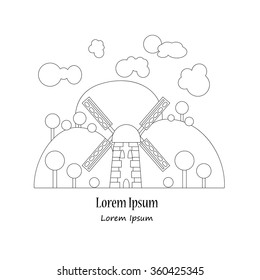 Thin line flat design of wind mill on the green hills, rural landscape with meadow field, trees and wind mill. Modern vector illustration concept, isolated on white background.