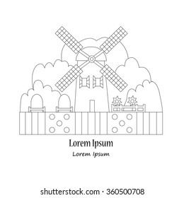 Thin line flat design of wind mill on the green hills, rural landscape with meadow field, trees and wind mill. Modern vector illustration concept, isolated on white background.