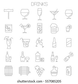 Thin line flat design wine, drinks and cocktail menu vector icon set.