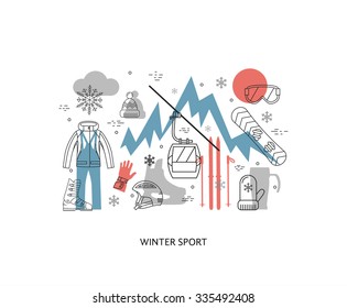 Thin line flat design of winter sport, ski,snowbord. Vector illustration concept, isolated on white 